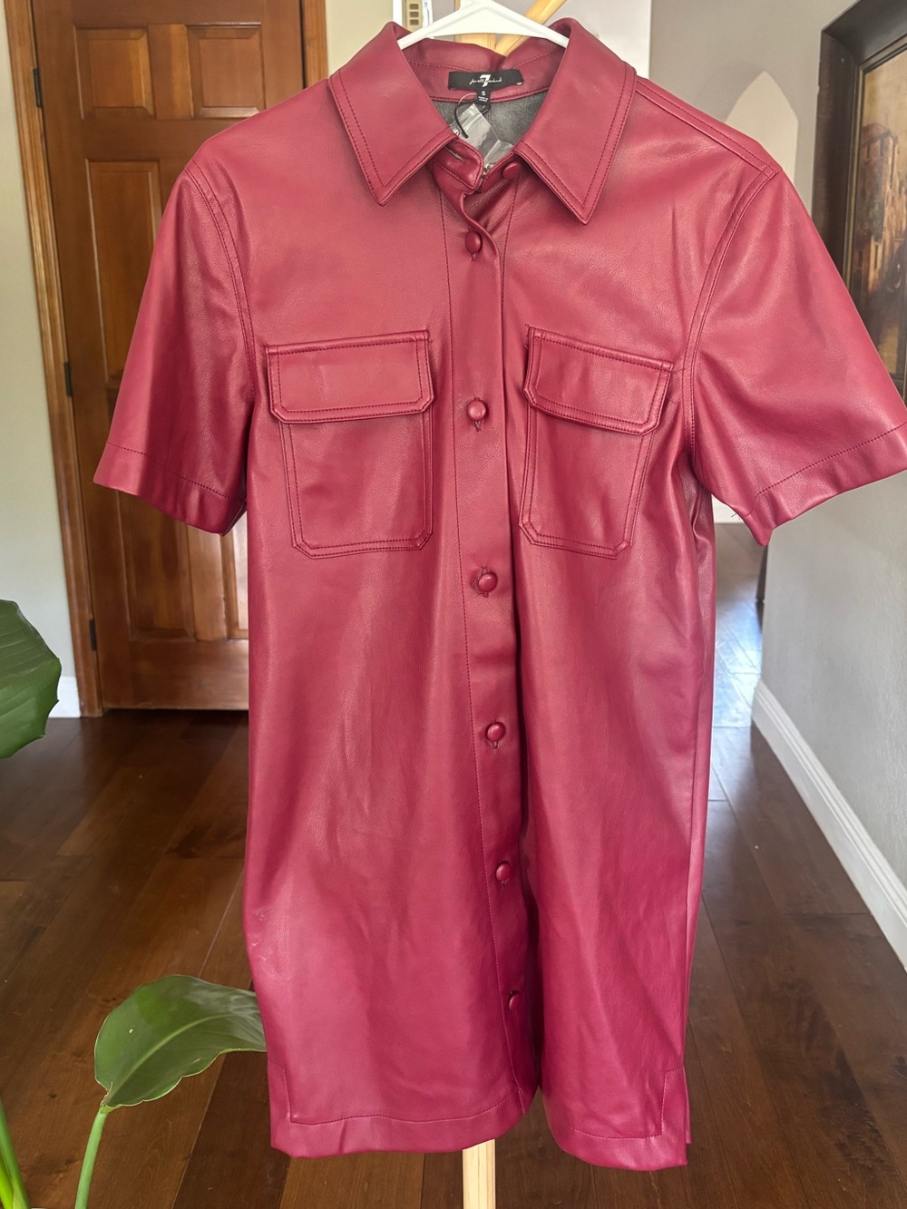 7 For All Mankind Burgundy Vegan Leather Shirtdress NWT Size Small